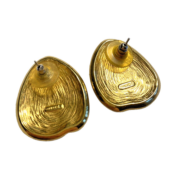 Vintage 80’s Napier Pierced Earrings Mod Chunky Goldtone & Red Enamel Swirl Art - Picture 3 of 6